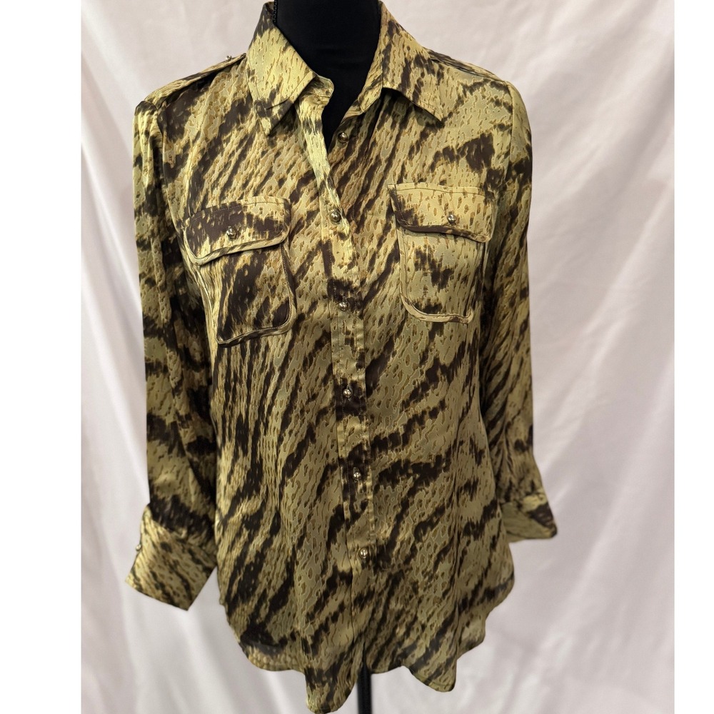 Anne Klein Womens Olive Green Brown Animal Print Button Down Blouse Small